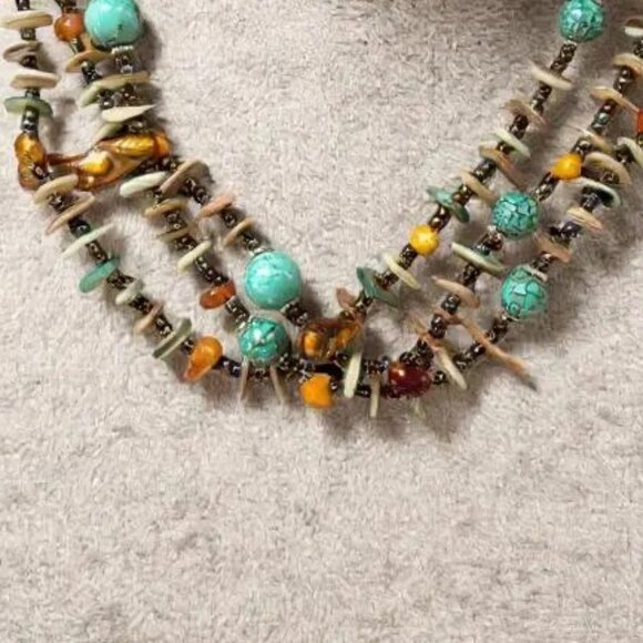 Three Strand Seashell Chips and Turquoise Stone Bead Necklace Earring Set - Picture 2 of 3